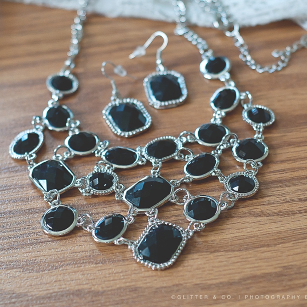 Black Geo Bib Necklace with Earrings